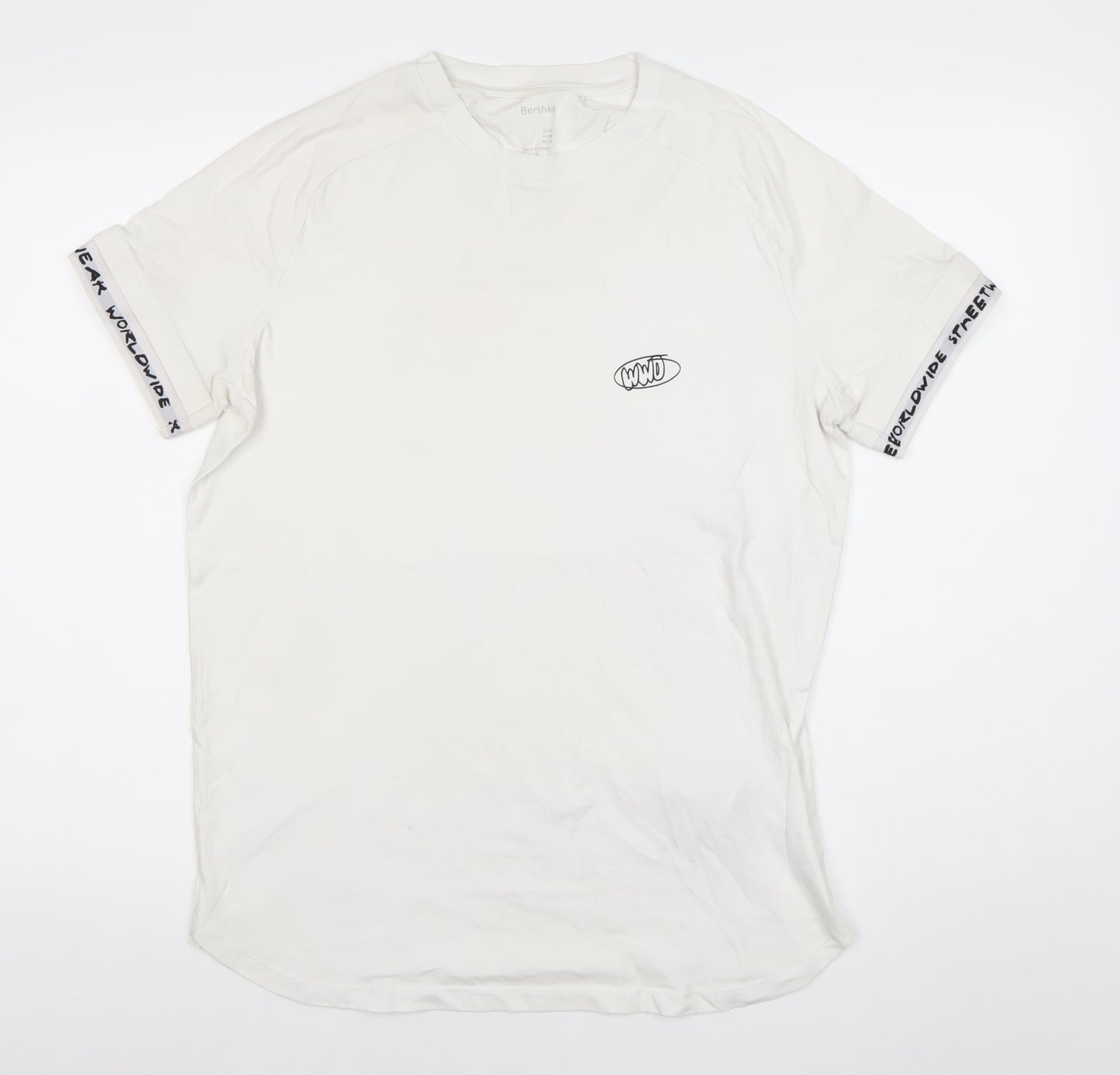 Bershka Men’s White Graphic Logo Short Sleeve T-Shirt Size M
