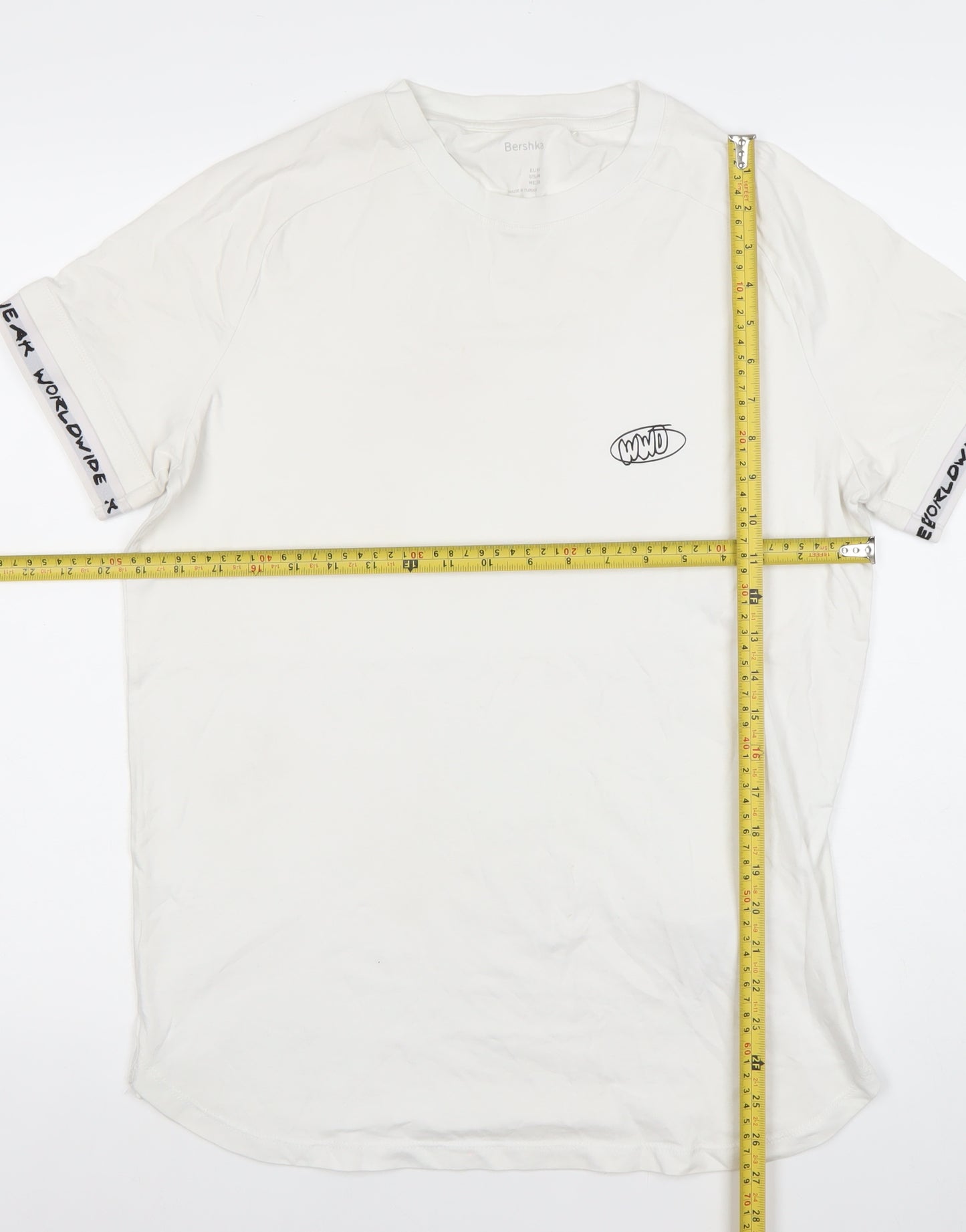 Bershka Men’s White Graphic Logo Short Sleeve T-Shirt Size M