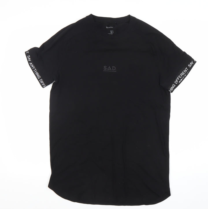 Bershka Mens Black M Graphic Logo Cotton T-Shirt Regular Fit