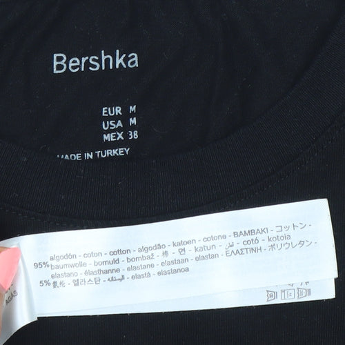 Bershka Mens Black M Graphic Logo Cotton T-Shirt Regular Fit