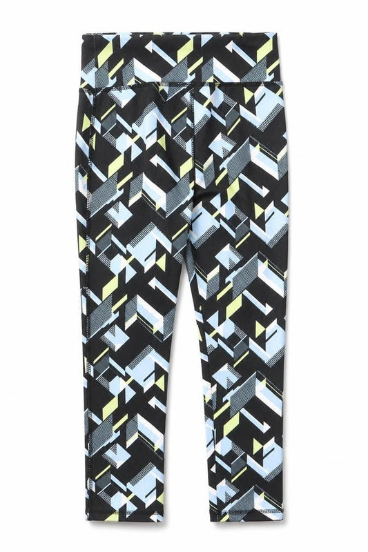Front view of Dunnes girls’ black geometric print activewear leggings age 5 years