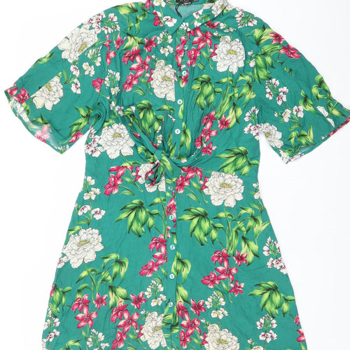 Bershka Women’s Green Floral Shirt Dress Size 10 Short Sleeve Viscose