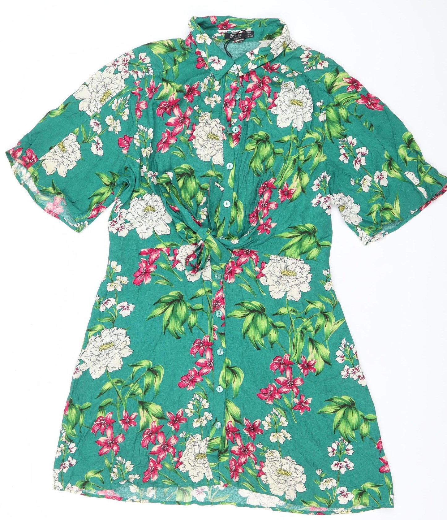 Bershka Women’s Green Floral Shirt Dress Size 10 Short Sleeve Viscose