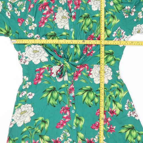 Bershka Women’s Green Floral Shirt Dress Size 10 Short Sleeve Viscose