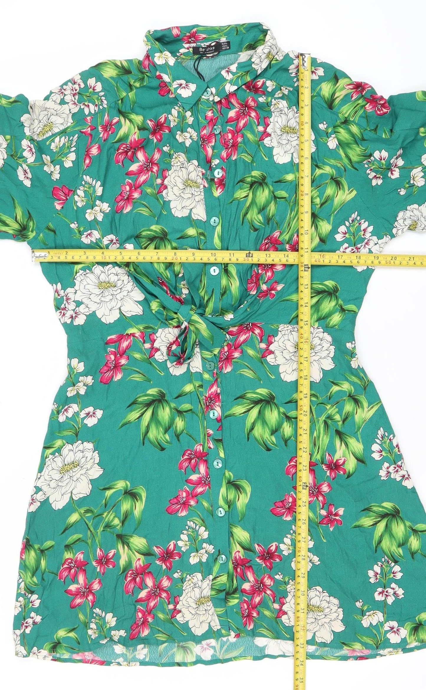 Bershka Women’s Green Floral Shirt Dress Size 10 Short Sleeve Viscose