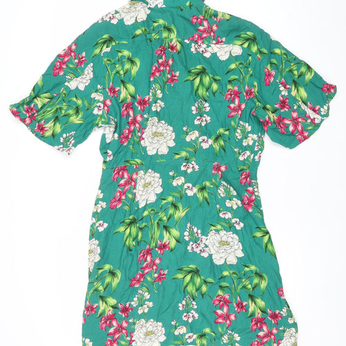 Bershka Women’s Green Floral Shirt Dress Size 10 Short Sleeve Viscose