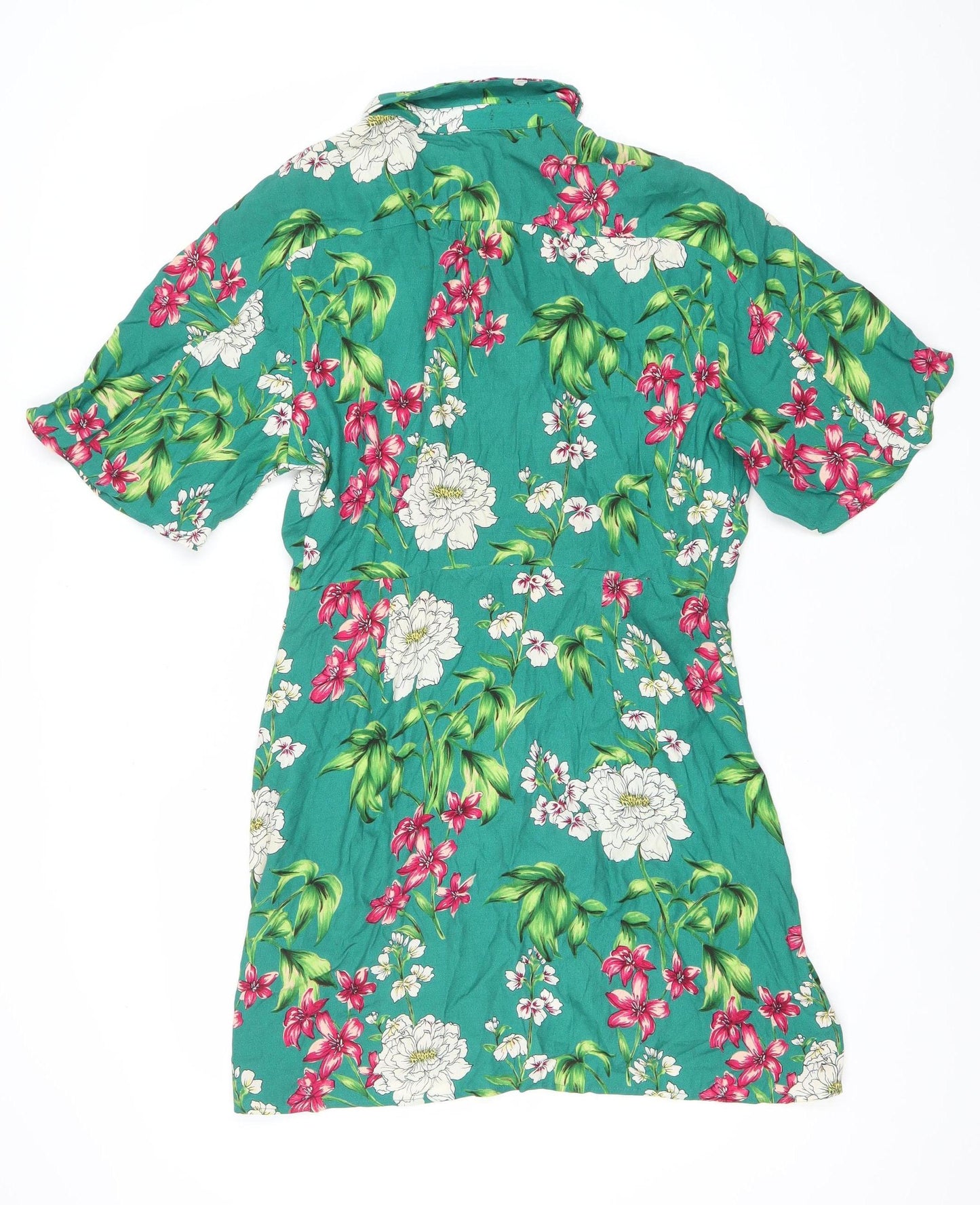 Bershka Women’s Green Floral Shirt Dress Size 10 Short Sleeve Viscose
