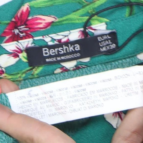 Bershka Women’s Green Floral Shirt Dress Size 10 Short Sleeve Viscose