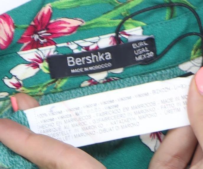 Bershka Women’s Green Floral Shirt Dress Size 10 Short Sleeve Viscose
