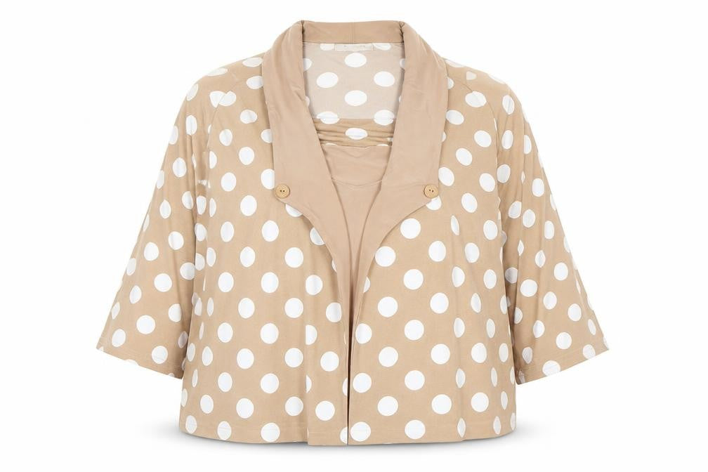 Bassini Women’s Beige Polka Dot Wrap Blouse Size 16 3/4 Sleeve Cowl Neck