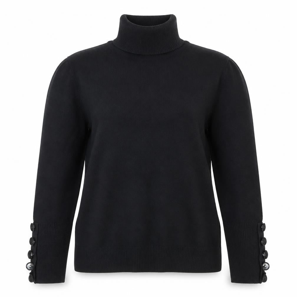 Front view of Savida women’s black roll neck jumper, size UK 12