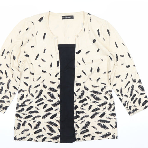 Just Elegance Womens Beige Feather Print Cardigan L 3/4 Sleeve