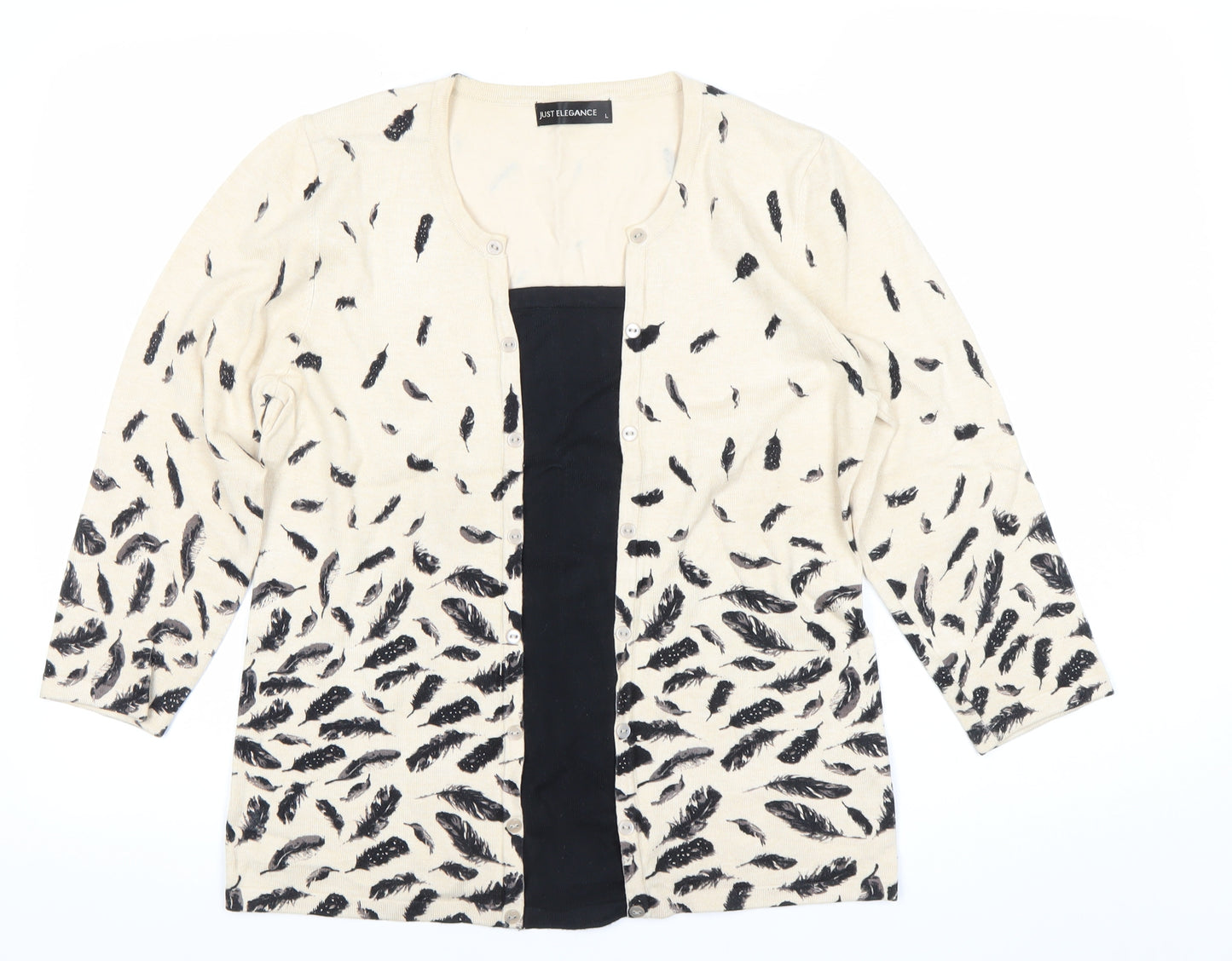 Just Elegance Womens Beige Feather Print Cardigan L 3/4 Sleeve