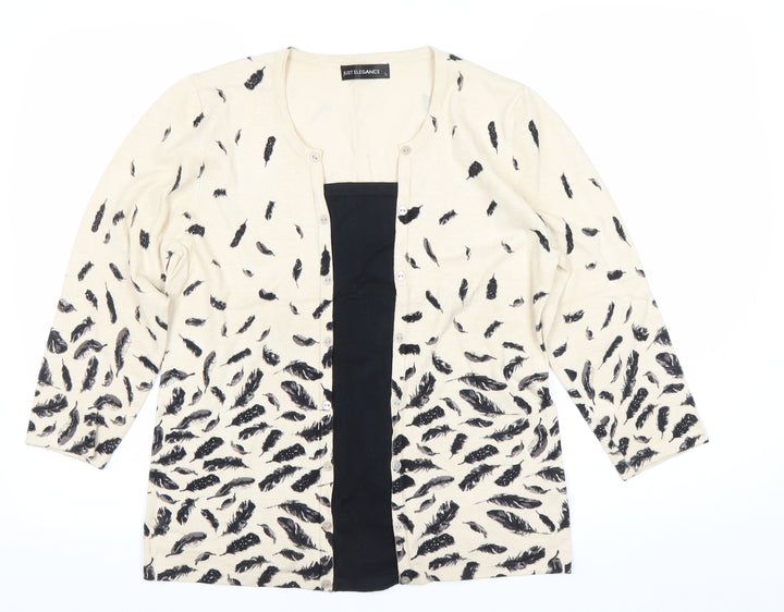 Just Elegance Womens Beige Feather Print Cardigan L 3/4 Sleeve