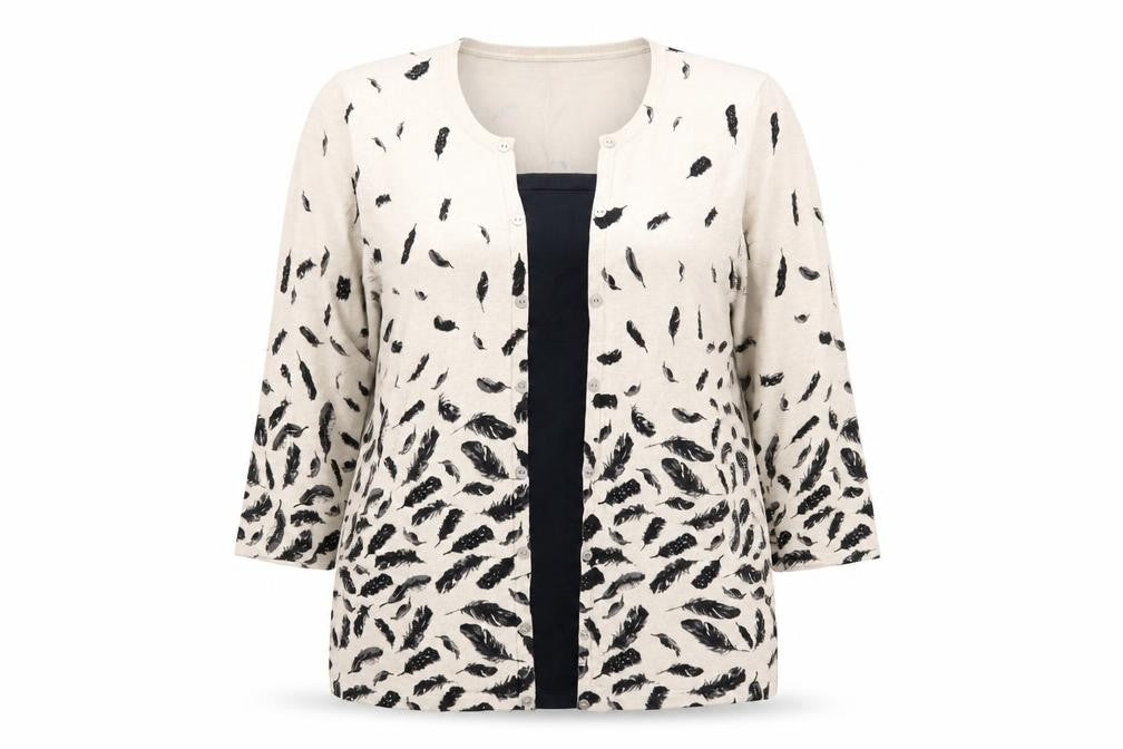 Front view of Just Elegance women’s beige feather print cardigan l 3/4 sleeve