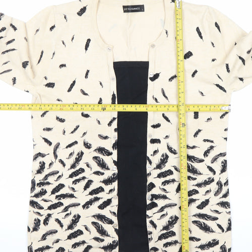 Just Elegance Womens Beige Feather Print Cardigan L 3/4 Sleeve