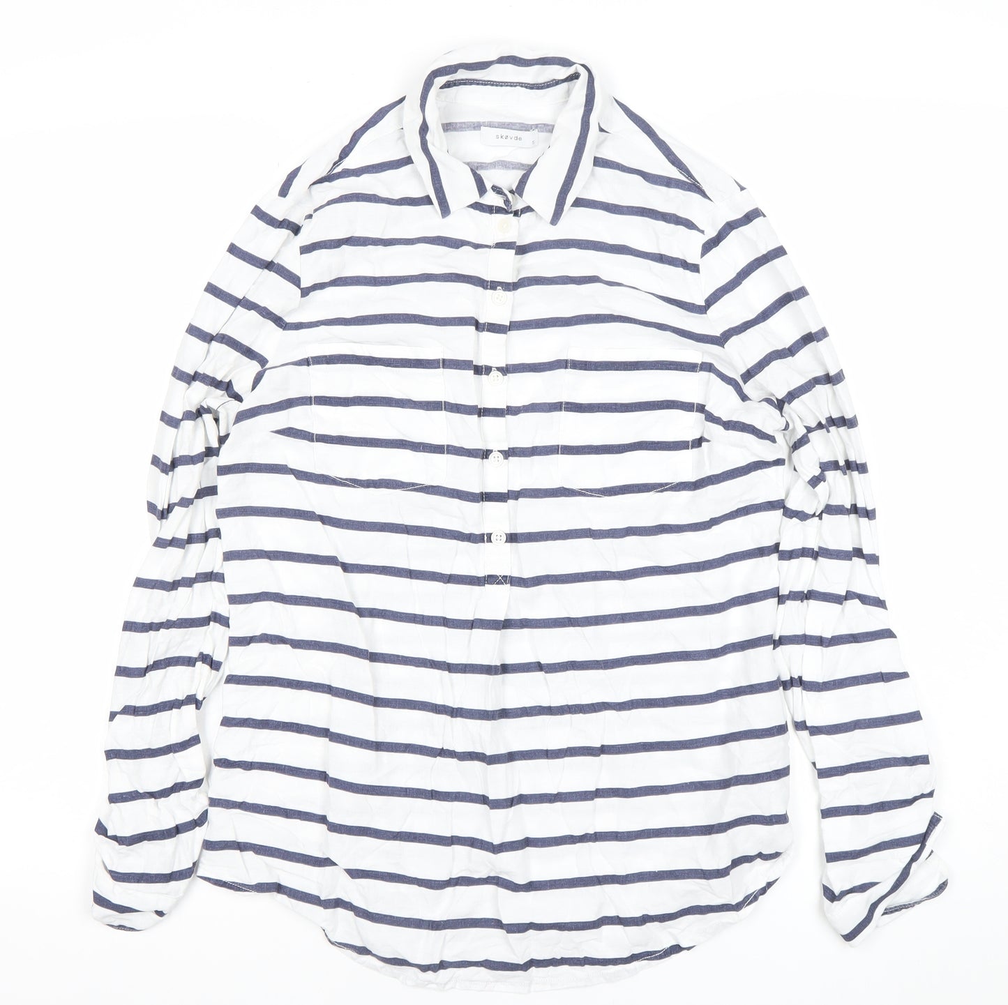 Skovde Women’s White Blue Striped Linen Viscose Button-Up Shirt S