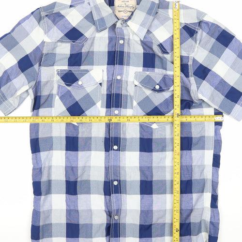 Dunnes Mens Blue Check Slim Fit Short Sleeve Button-Up Shirt M