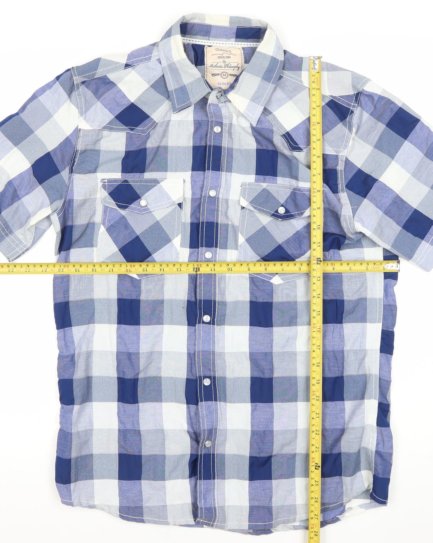 Dunnes Mens Blue Check Slim Fit Short Sleeve Button-Up Shirt M