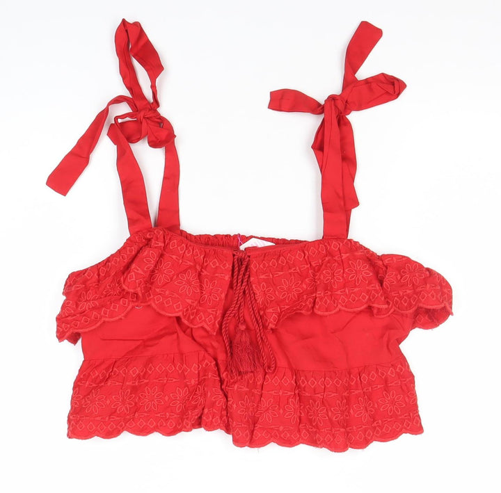 Savida Women’s Red Cropped Embroidered Cotton Blouse Size 8