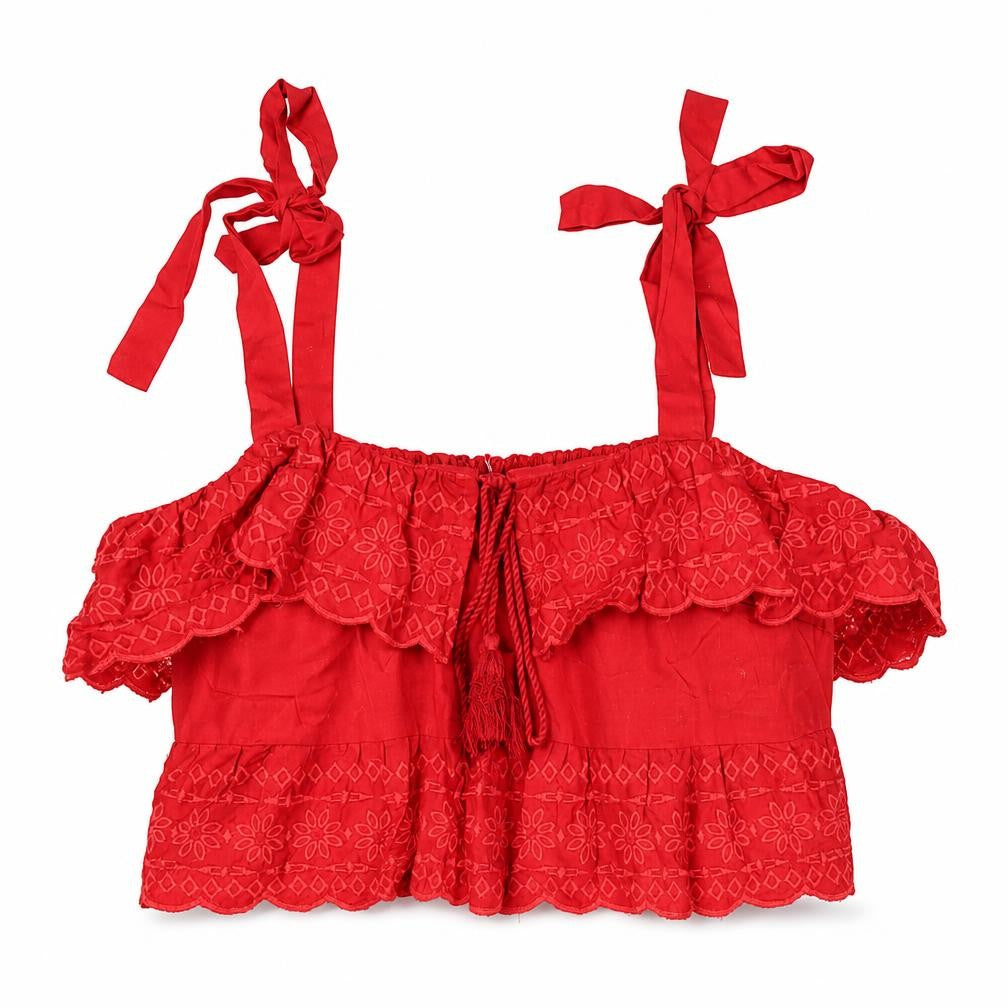 Front view of Savida Women’s Red Cropped Embroidered Cotton Blouse, size UK 8