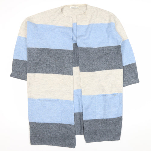 Gallery Womens L Blue Grey Ivory Striped Knit Cardigan 3/4 Sleeve