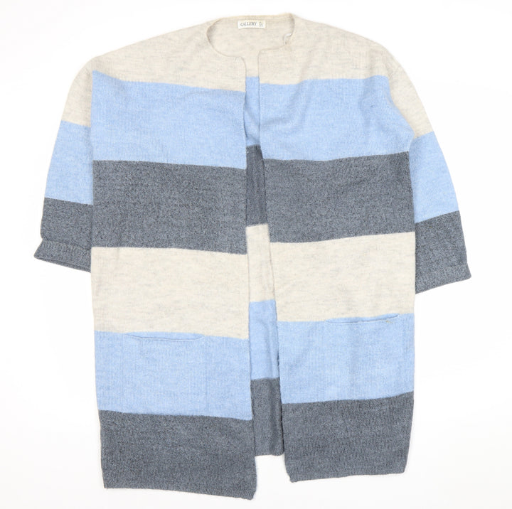 Gallery Womens L Blue Grey Ivory Striped Knit Cardigan 3/4 Sleeve