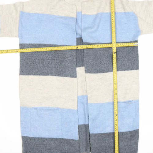 Gallery Womens L Blue Grey Ivory Striped Knit Cardigan 3/4 Sleeve