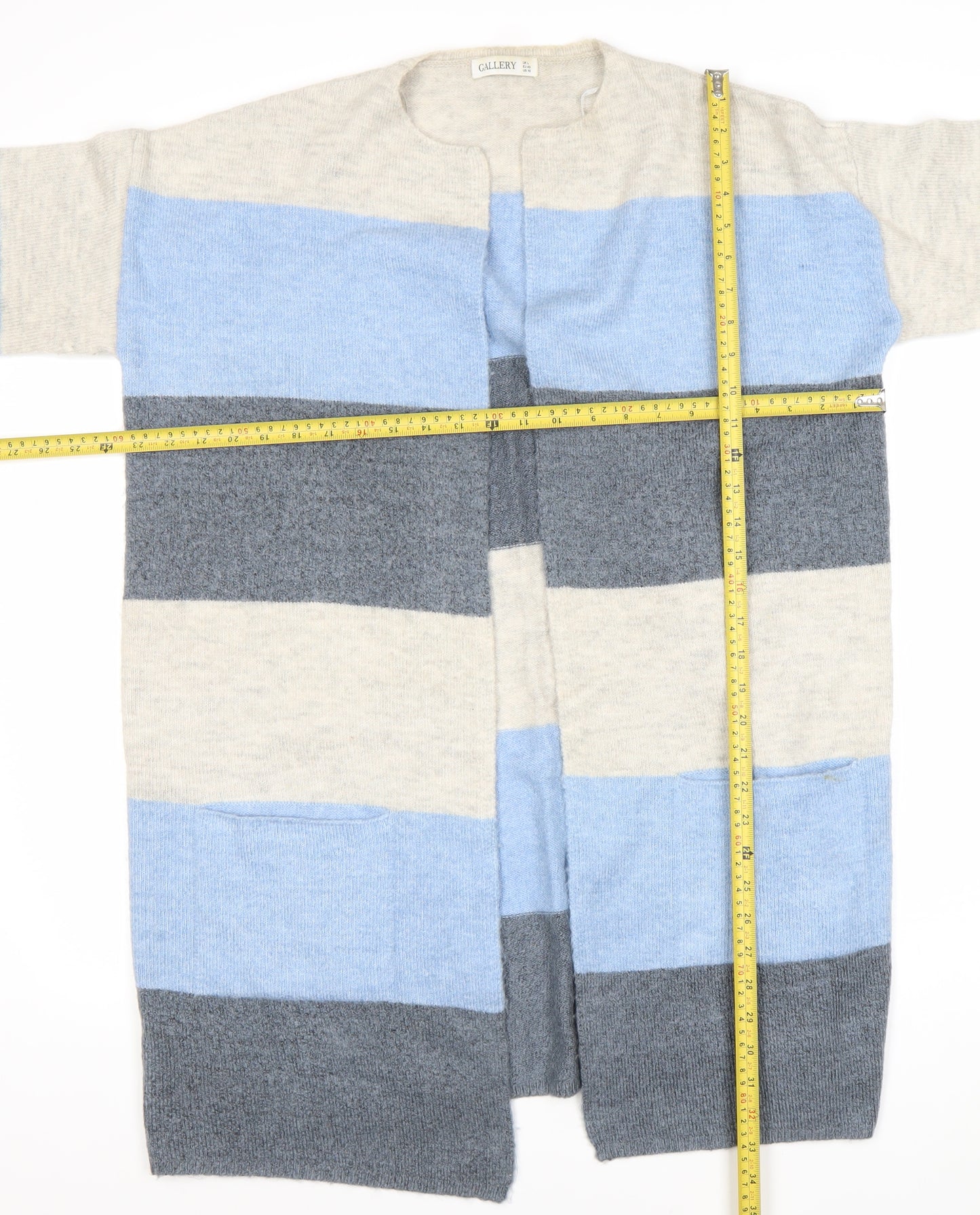 Gallery Womens L Blue Grey Ivory Striped Knit Cardigan 3/4 Sleeve