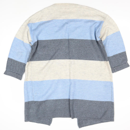 Gallery Womens L Blue Grey Ivory Striped Knit Cardigan 3/4 Sleeve
