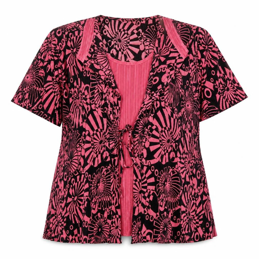 Front view of Bassini women’s pink black geometric tunic blouse, size UK 16