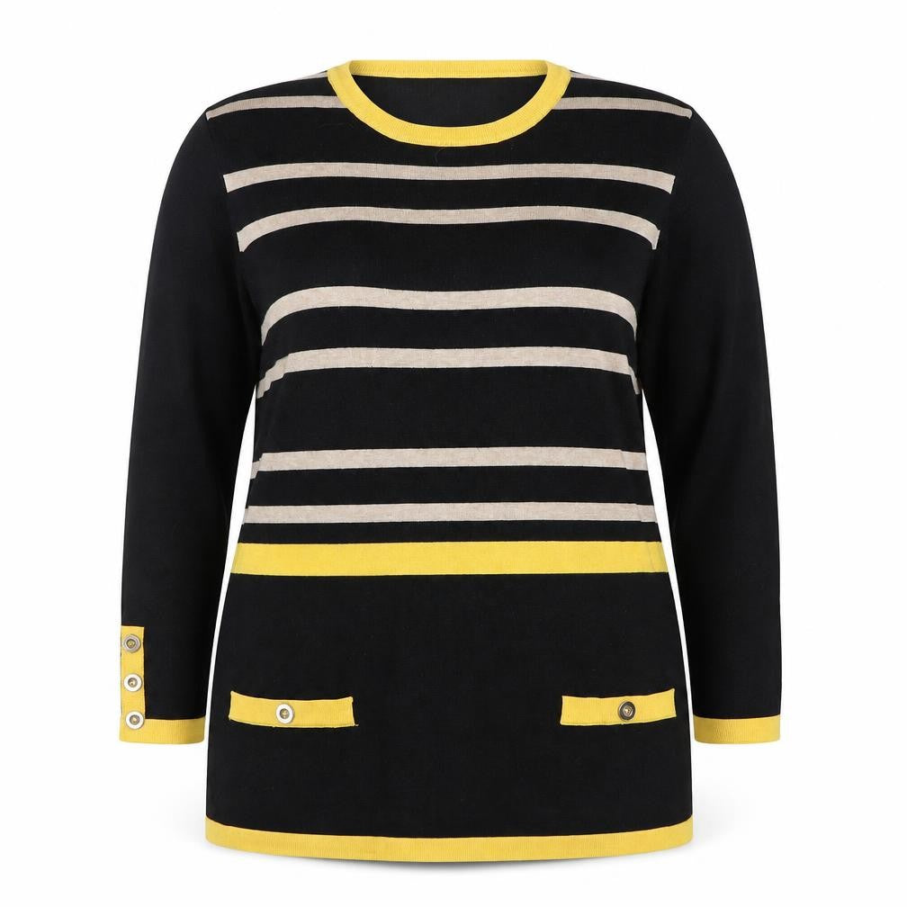Front view of Text. women’s l black yellow striped pullover knit jumper