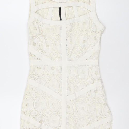 Missguided Women Ivory Lace Bodycon Mini Dress Size 10 Zip Cocktail