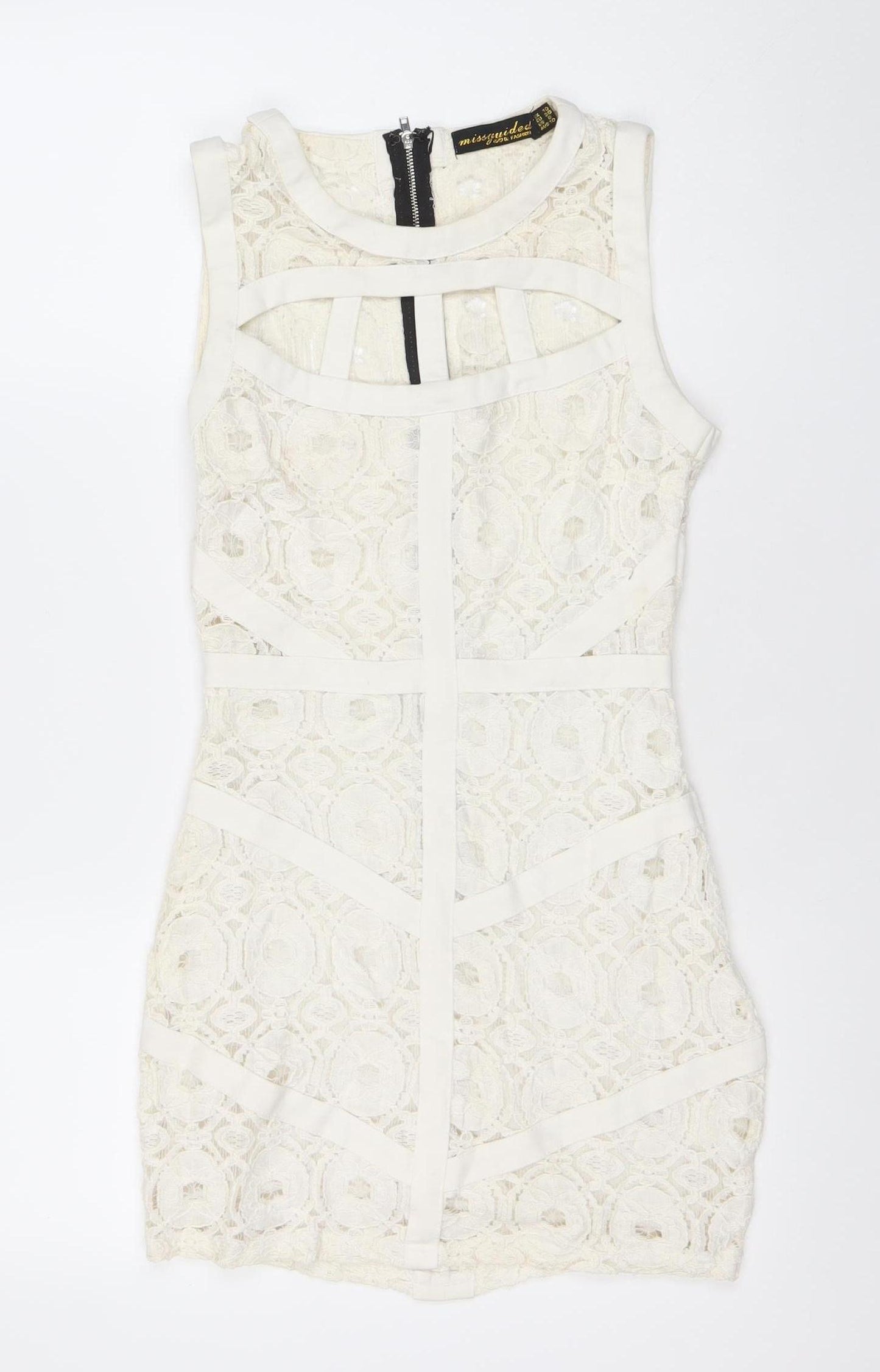 Missguided Women Ivory Lace Bodycon Mini Dress Size 10 Zip Cocktail