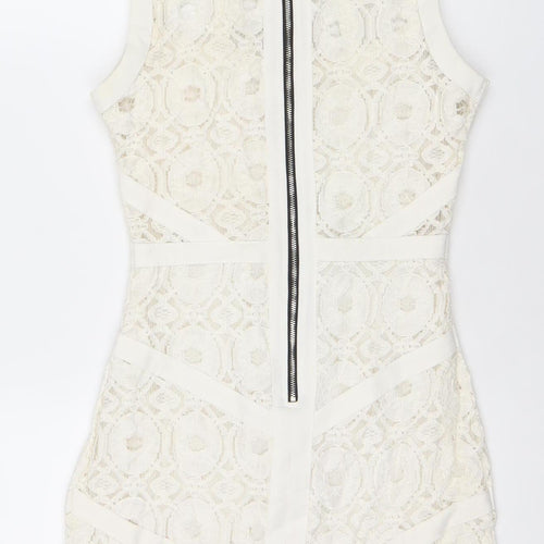 Missguided Women Ivory Lace Bodycon Mini Dress Size 10 Zip Cocktail
