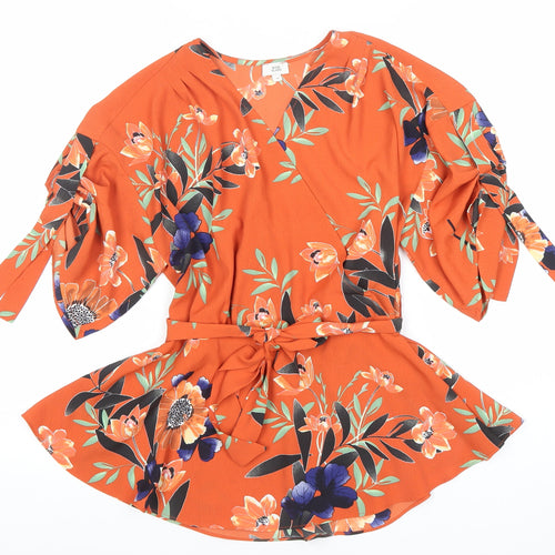 River Island Women Orange Floral Wrap Blouse Size 12 Belted V-Neck