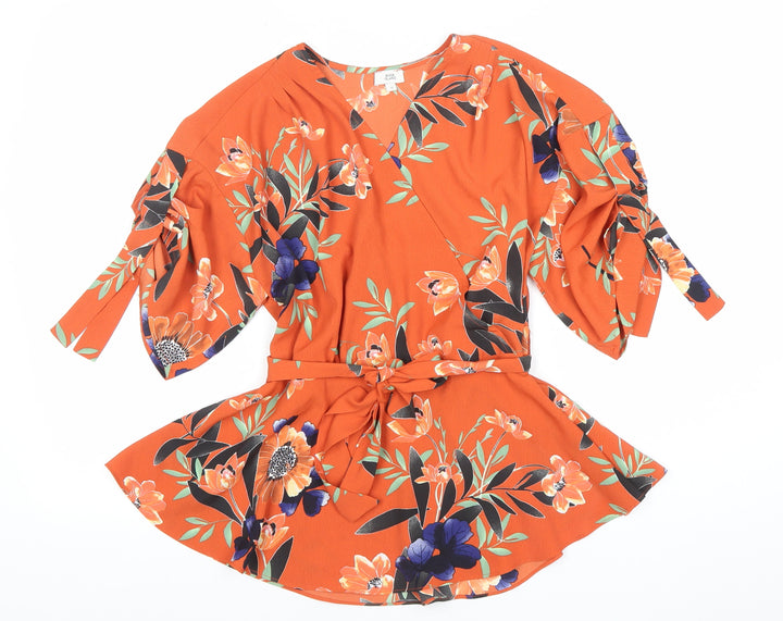 River Island Women Orange Floral Wrap Blouse Size 12 Belted V-Neck