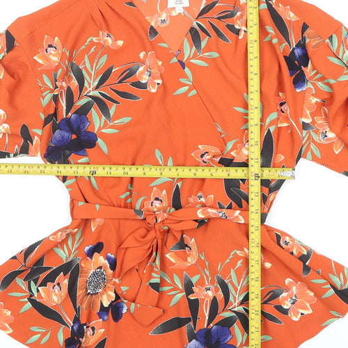 River Island Women Orange Floral Wrap Blouse Size 12 Belted V-Neck