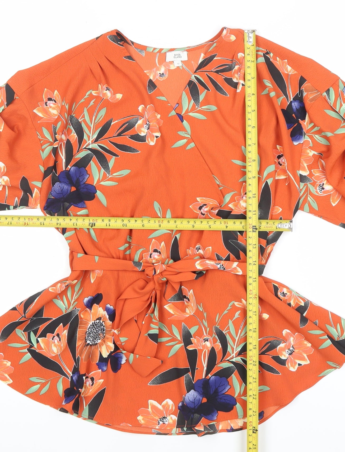 River Island Women Orange Floral Wrap Blouse Size 12 Belted V-Neck
