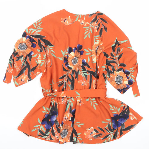 River Island Women Orange Floral Wrap Blouse Size 12 Belted V-Neck