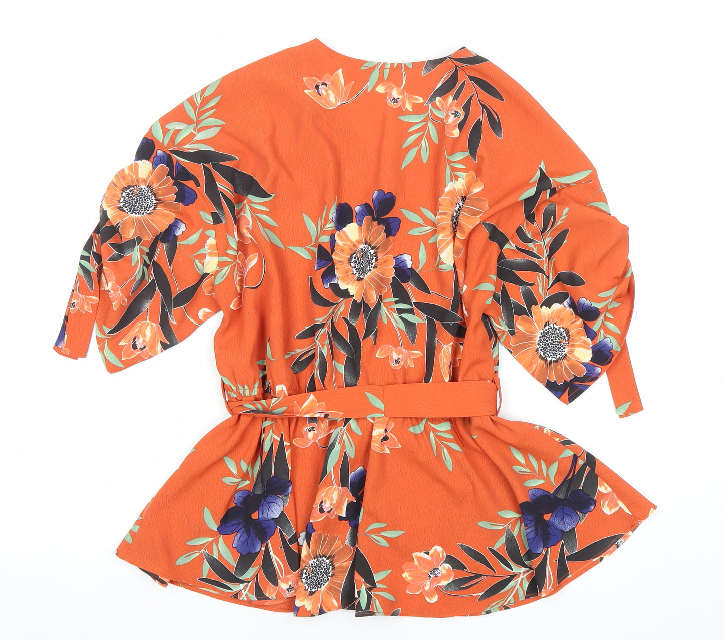 River Island Women Orange Floral Wrap Blouse Size 12 Belted V-Neck