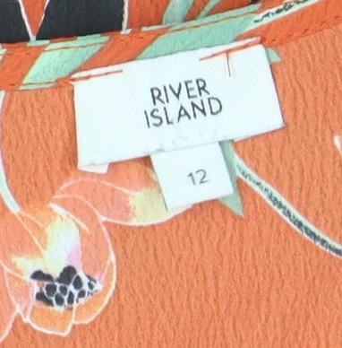 River Island Women Orange Floral Wrap Blouse Size 12 Belted V-Neck