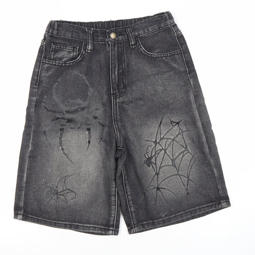 Shein Boys Grey Denim Spider Print Bermuda Shorts 11Y Elastic Waist
