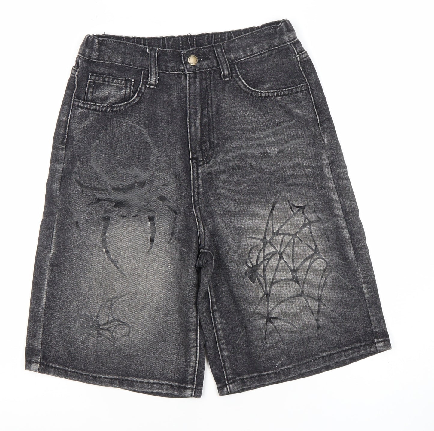 Shein Boys Grey Denim Spider Print Bermuda Shorts 11Y Elastic Waist