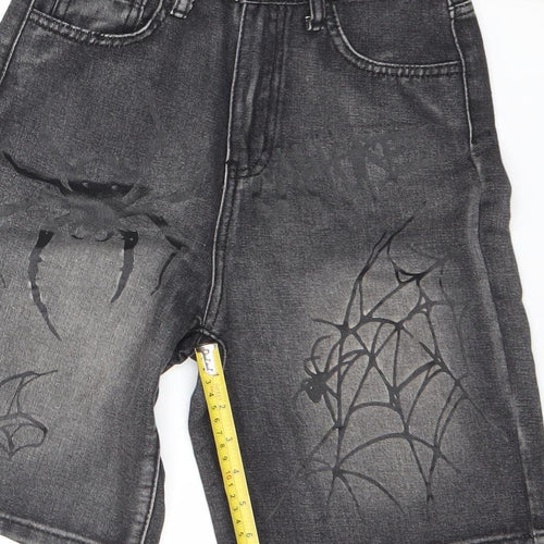 Shein Boys Grey Denim Spider Print Bermuda Shorts 11Y Elastic Waist
