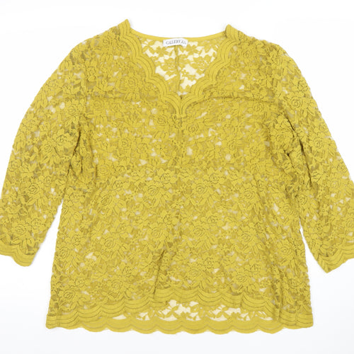 Gallery Womens Yellow Lace Tunic Blouse XL V-Neck 3/4 Sleeve