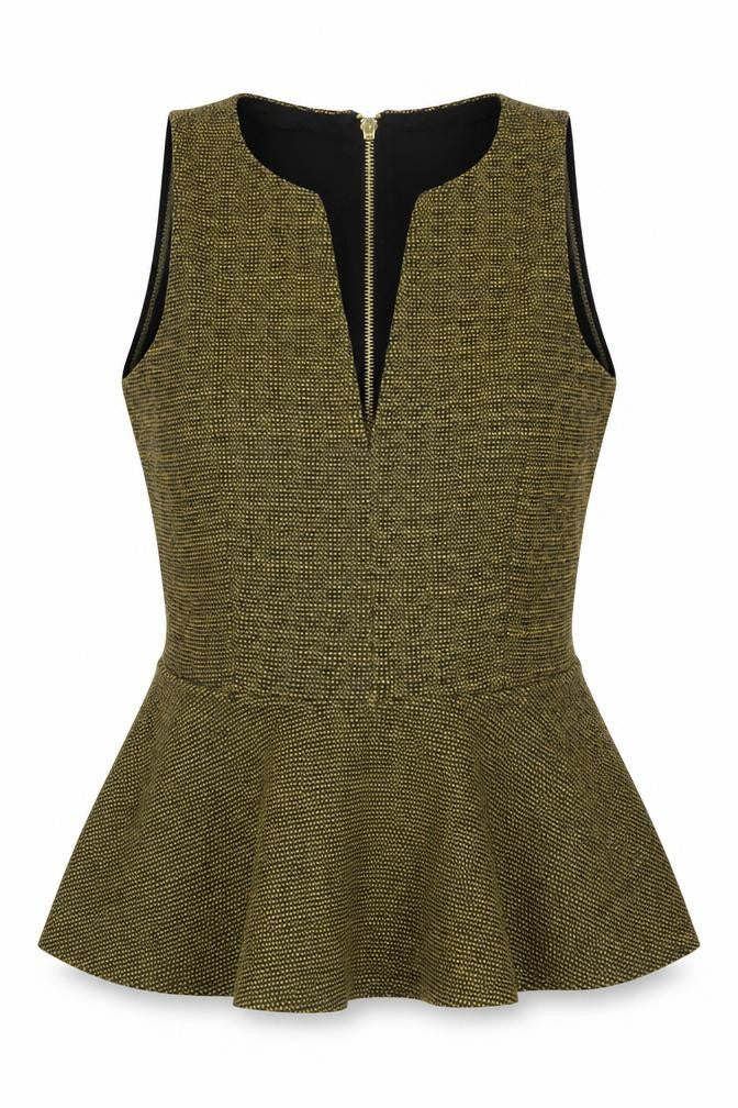 Front view of H&M Women’s Multicoloured Peplum Blouse, size S, Sleeveless Zip