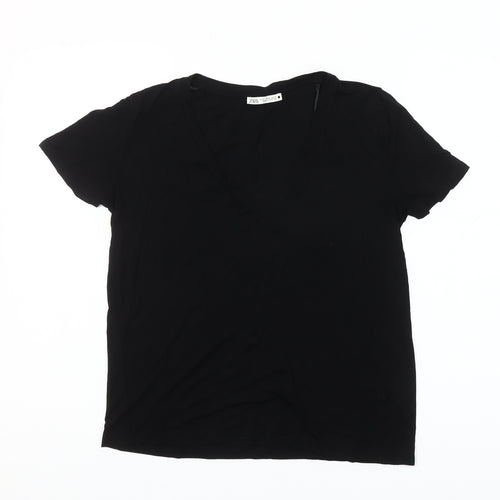 Zara Women Black Short Sleeve V-Neck Basic T-Shirt Size S