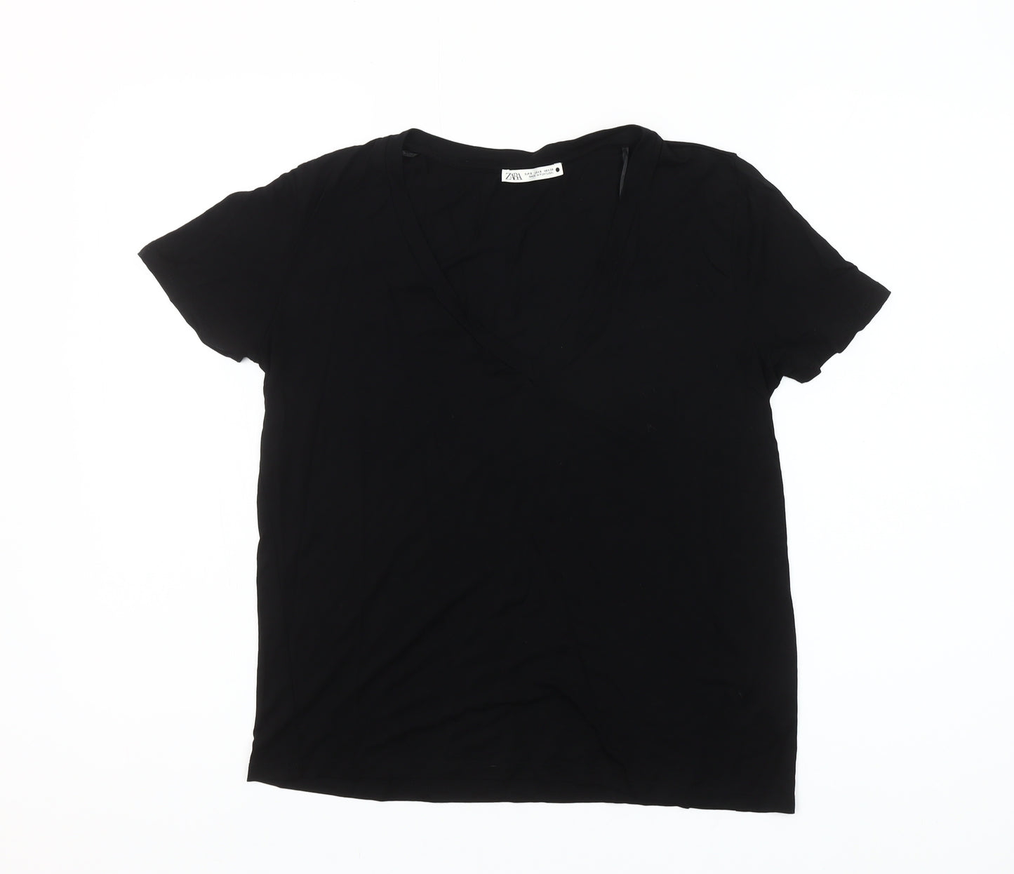 Zara Women Black Short Sleeve V-Neck Basic T-Shirt Size S