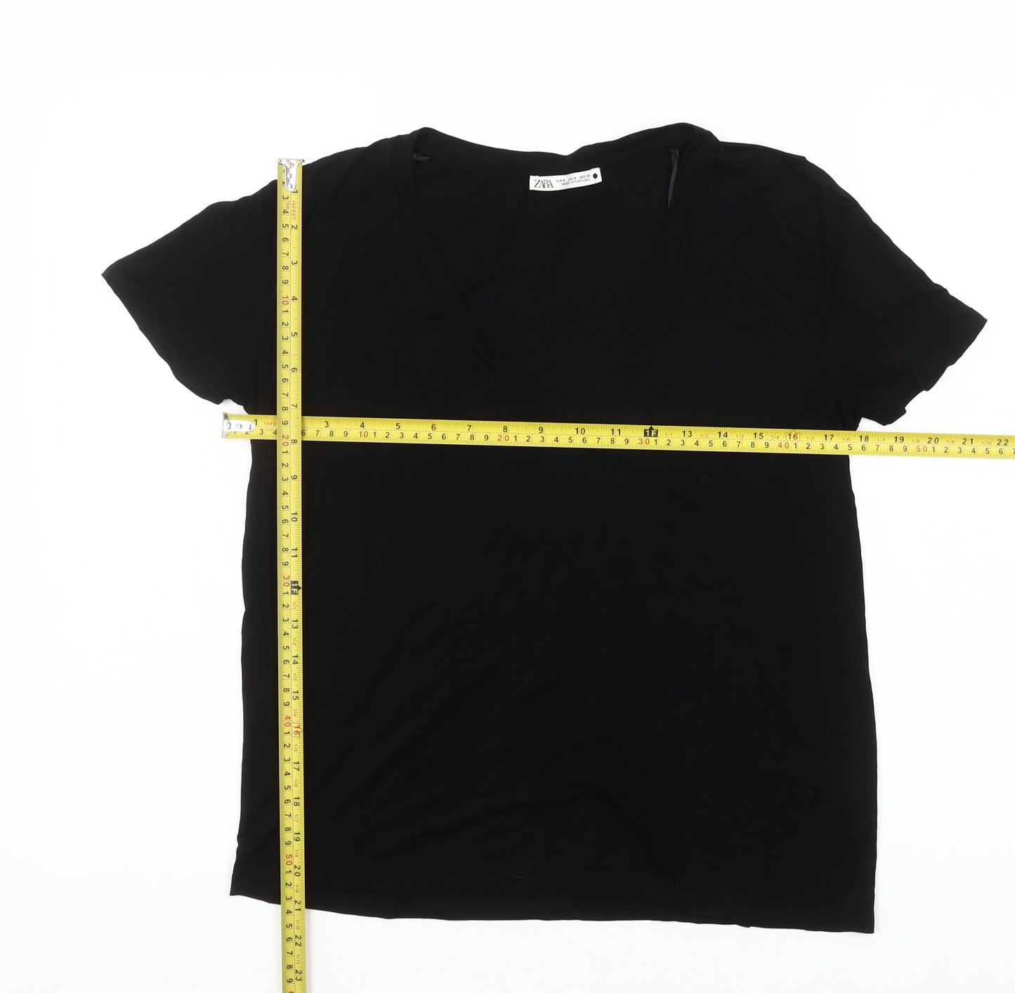 Zara Women Black Short Sleeve V-Neck Basic T-Shirt Size S